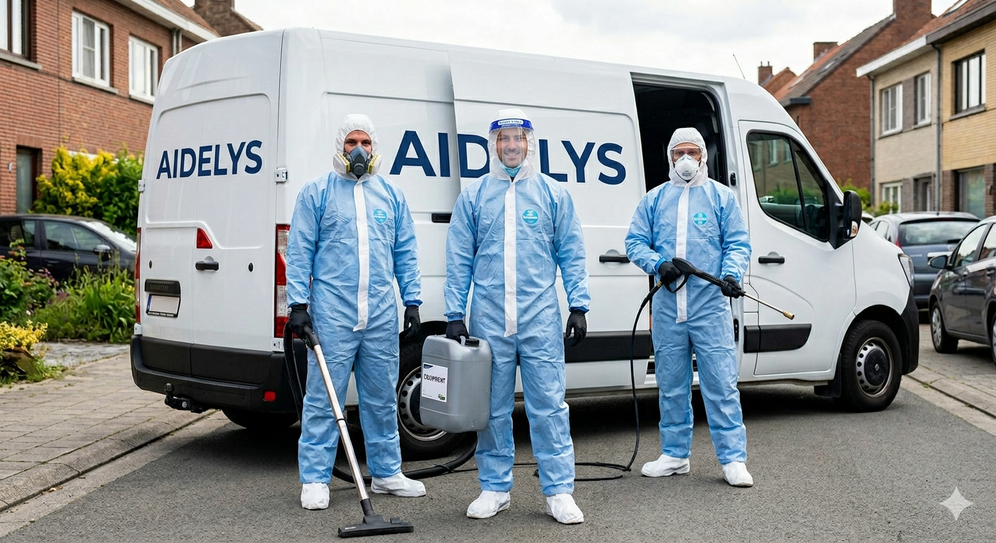 L'équipe Aidelys en combinaison Tyvek devant le camion d'intervention